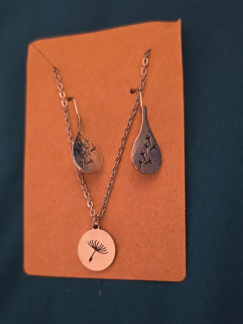 Sterling Silver Dandelion Pendant Necklace and Teardrop Earrings - Silver